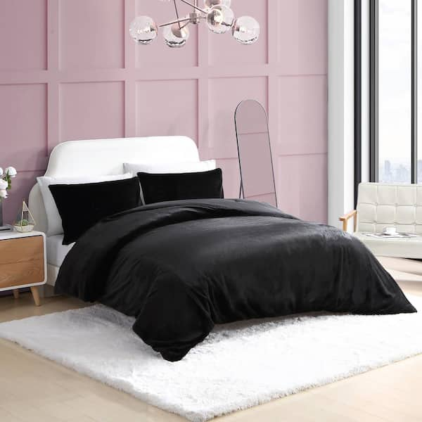 BETSEY JOHNSON BJ Solid Faux Fur 3-Piece Black Microfiber King Duvet Cover Set