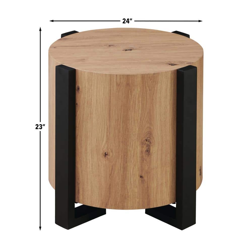 Darcie Natural Brown Round Wood End Table with Black Metal Legs