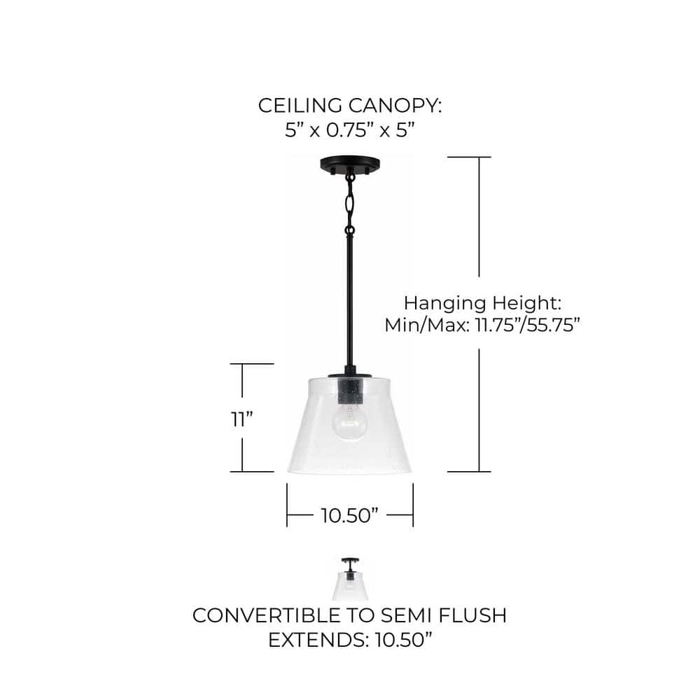 Matte Black Single Pendant Light with Clear Seeded Glass Shade