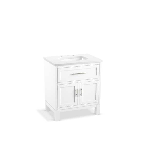 KOHLER Quo 30 in. W x 21 in. D x 36 in. H Single Sink Freestanding Bath Vanity in White with Pure White Quartz Top