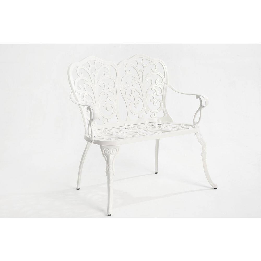 2-Person White Cast Aluminum Outdoor Patio Garden Bench Park Bench for Porc