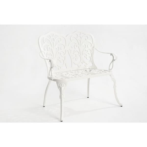 Unbranded 2-Person White Cast Aluminum Outdoor Patio Garden Bench Park Bench for Porch, Park, Lawn, Yard