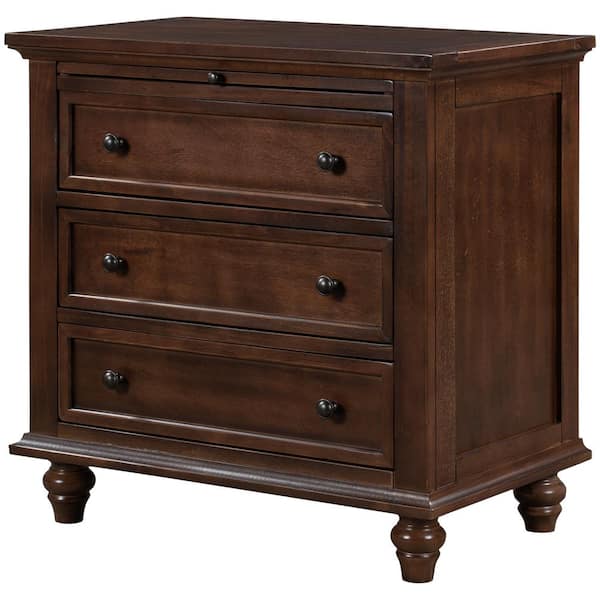 Polibi 28 in. W Brown Rectangle 3-Drawer Storage Wood End Table with Pull out Tray