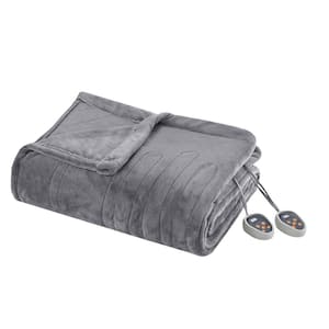 62 in. x 84 in. Heated Plush Grey Twin Blanket