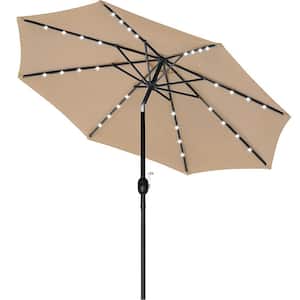 9 ft. 32 Khaki LED Lighted Sola Steel Patio Market Umbrella Push Button Tilt/Crank for Garden, Deck, Backyard and Pool