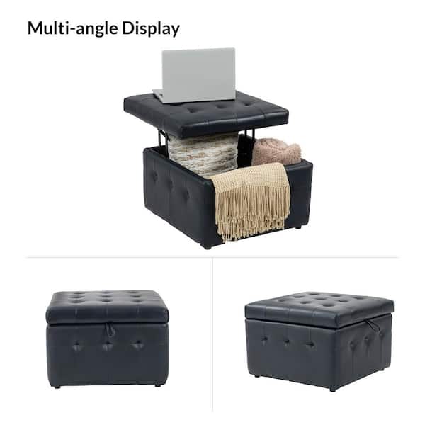 JAYDEN CREATION Bona Navy Genuine Leather Wide 24 in. Ottoman