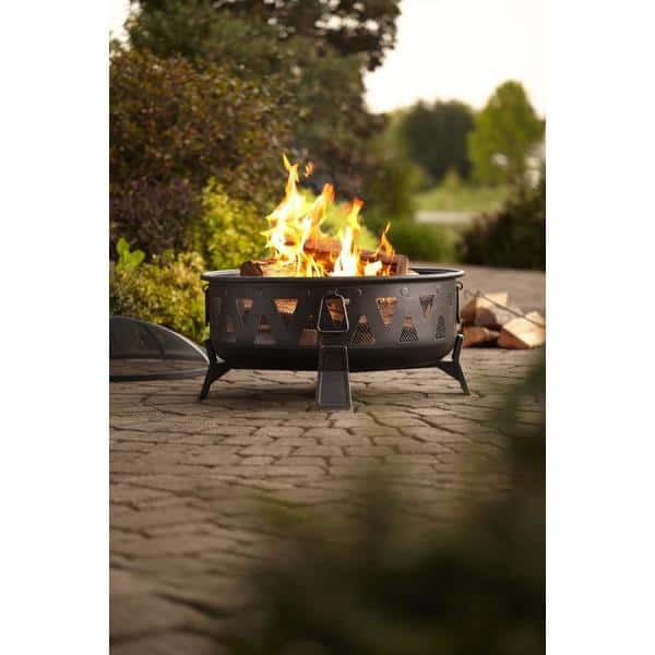 Antique Black Steel Round Wood-Burning Fire Pit with Decorative Cutouts