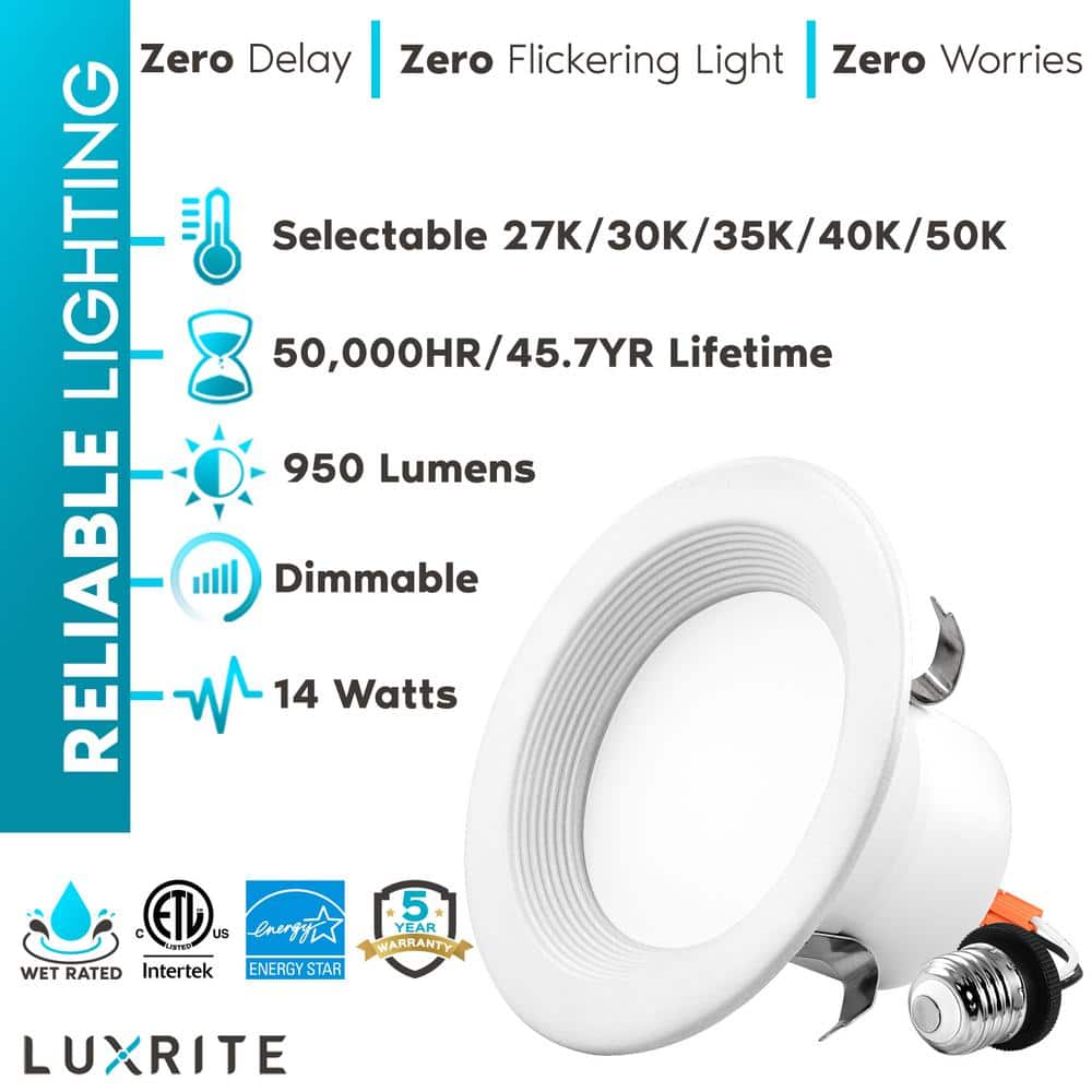 Luxrite 5-Color Adjustable LED Recessed Ceiling Light, Indoor/Outdoor, Dimmable