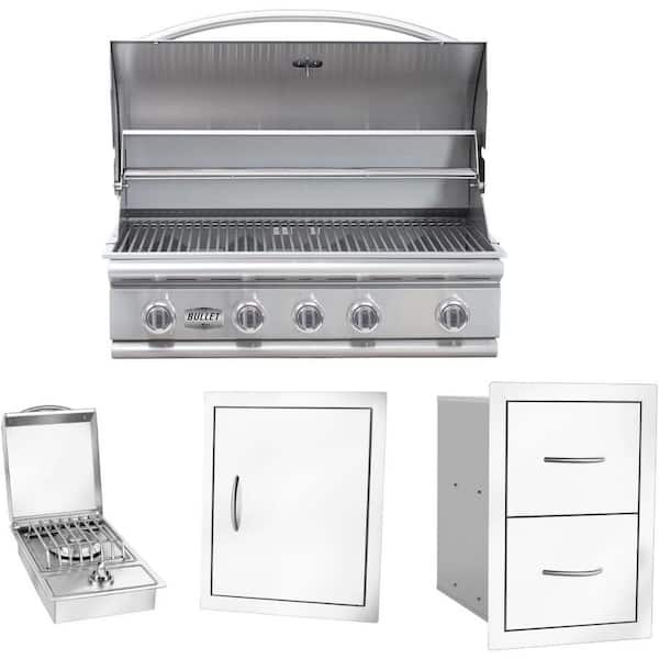 Bullet Series 5-Burner Built-In Natural Gas Grill 38 in Stainless Steel with Single Access Door and Double Drawer