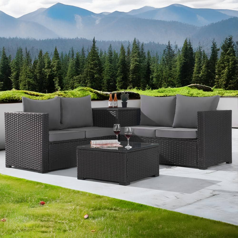 4-Piece Patio Rattan Sectional Sofa Set with Storage Box and Glass Coffee T