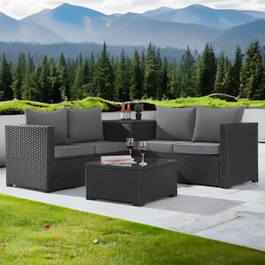 4-Piece Patio Rattan Sectional Sofa Set with Storage Box and Glass Coffee Table with Light Gray Cushion