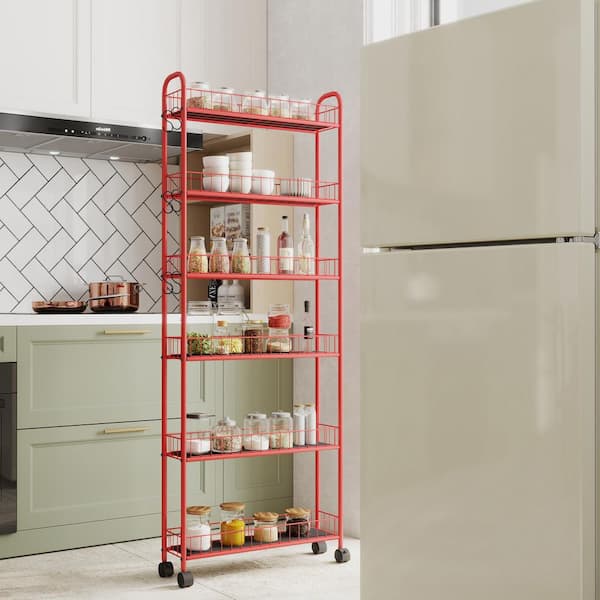 WarmieHomy Red 6-Tier Metal Rolling Cart Gap Kitchen Slim Slide Out Storage Tower Rack with Wheels