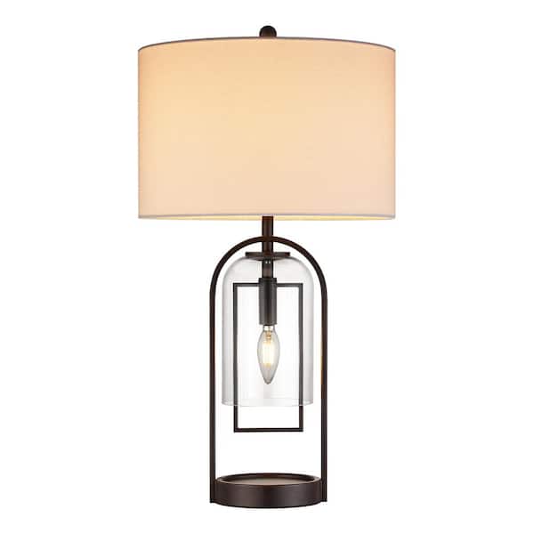 25.25 in. Bronze Table Lamp with Night Light Bulbs, Glass Shade and White Linen Shade