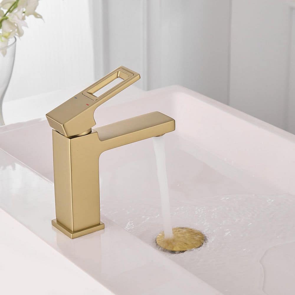 Brushed Gold Single-Handle Low-Arc Bathroom Faucet with Drain