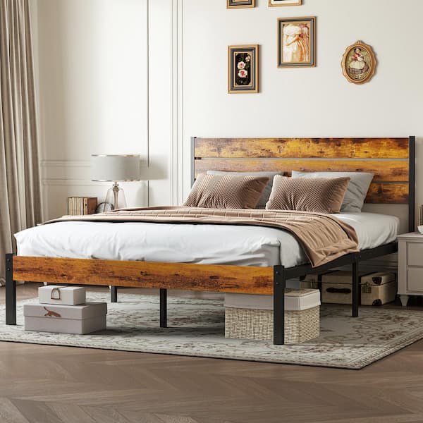 Brown Metal Frame Queen Platform Bed Frame Mattress Foundation with Headboard Sturdy Wooden Slats Support Noise Free