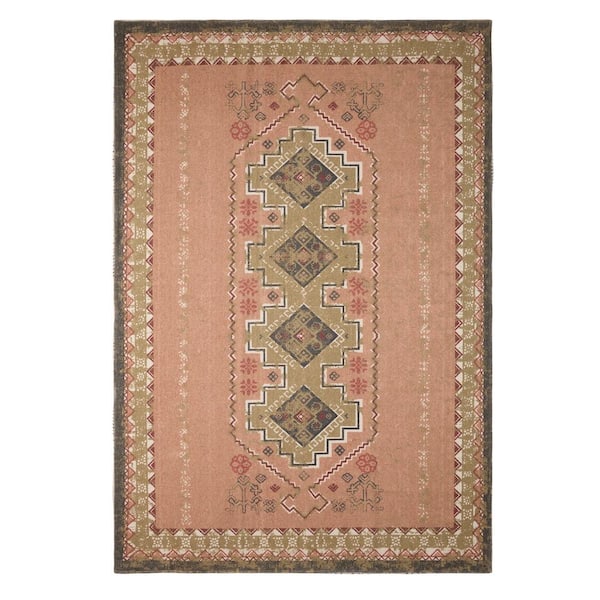 French Connection Cherokee Strawberry Blush 4 ft. x 6 ft. Stonewash Printed Cotton Accent Rug