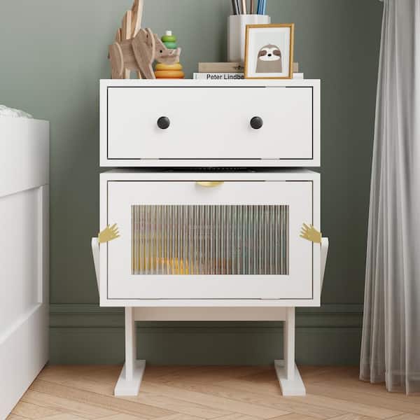 FUFU&GAGA 2-Drawer White Nightstands with Robot Shape, 360°Rotation, 18.9 in. W x 15.7 in. D x 27.6 in. H