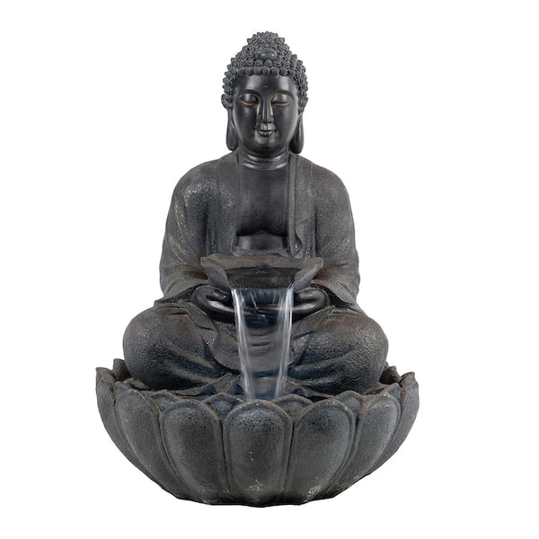 canadine 24 in. x 20.5 in. x 34 in. Dark Gray Buddha Statue Water Fountain Outdoor Polyresin Fountain with Light