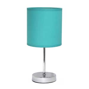 11.81 in. Blue Traditional Petite Metal Stick Bedside Table Desk Lamp in Chrome with Fabric Drum Shade