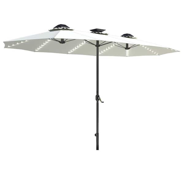 15 ft. Outdoor Large Double Market Patio Umbrella with Solar Lights, LED Lights and Crank Handle in Ivory