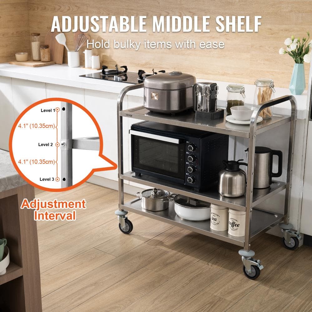 Silver 3-Tier Stainless Steel Rolling Utility Cart