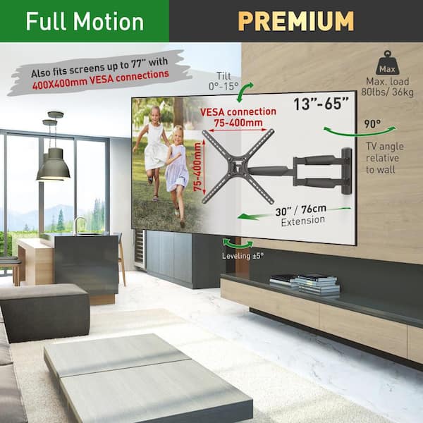 Barkan 13 in. to 65 in. Full Motion 4-Movement Extremely Extendable Extra Long Flat/Curved TV Wall Mount in Black