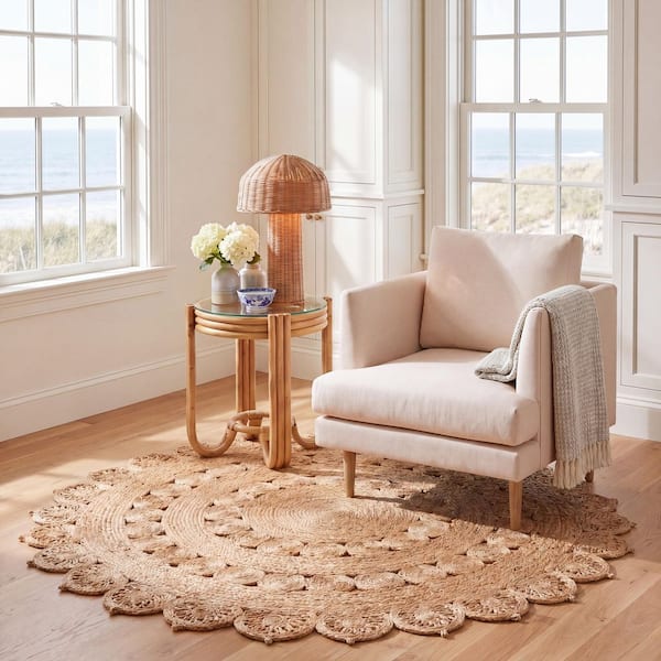 Natural Fiber 4 ft. x 4 ft. Round Natural Ornate Woven Area Rug