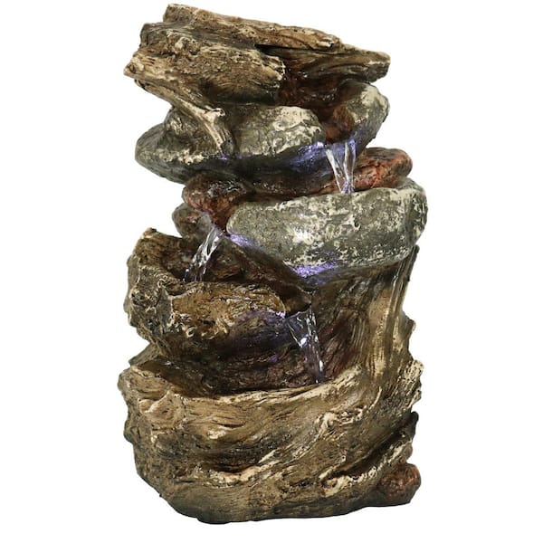 Sunnydaze Decor 10.5 in. Tiered Rock and Log Tabletop Fountain with LED Lights