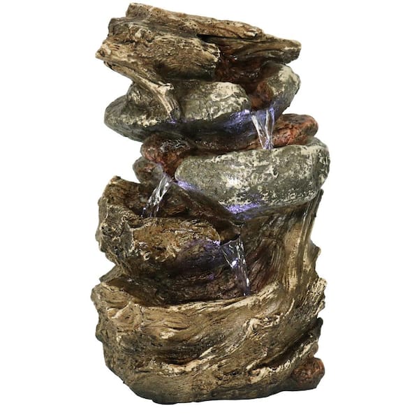 Sunnydaze 10.5 in. Tiered Rock and Log Tabletop Fountain with LED Lights