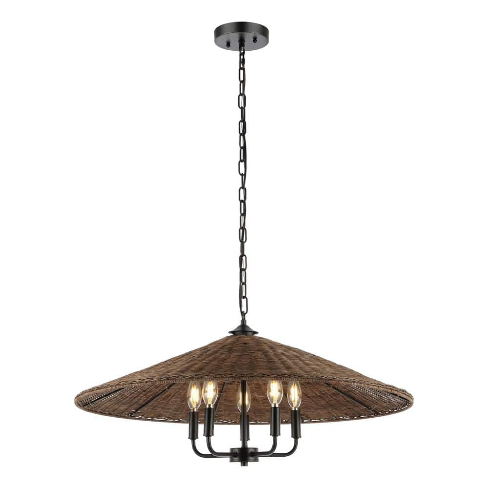 SAFAVIEH Palmera 5-Light LED Black Rattan Pendant Light with Shade