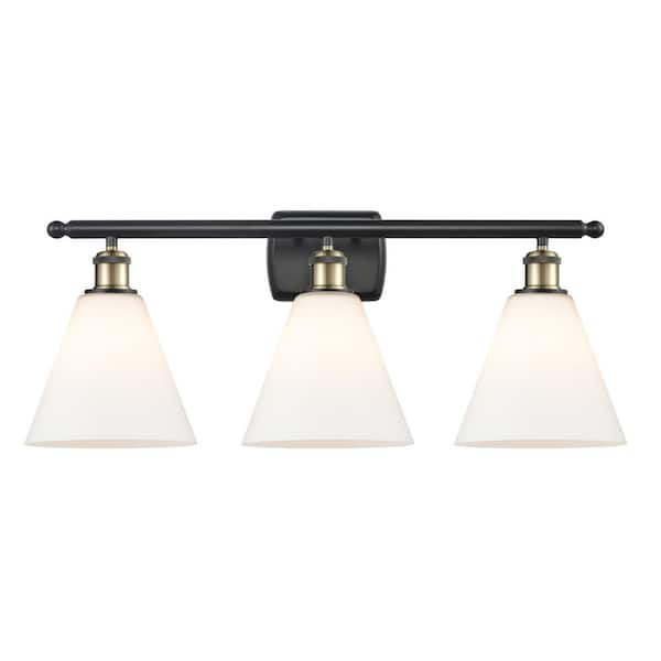 Berkshire 28 in. 3-Light Black Antique Brass Vanity Light with Glass Shade