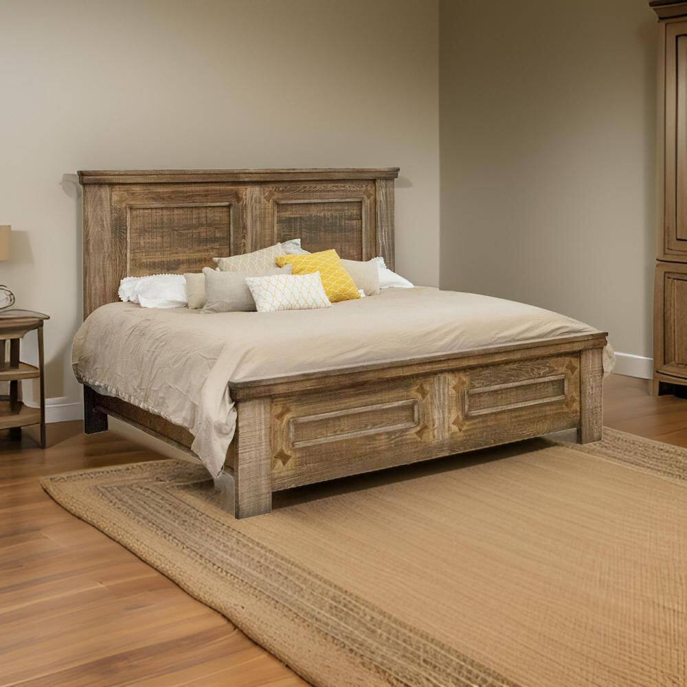 Maze Brown Wood Frame Queen Panel Bed with Farmhouse Panel Headboard
