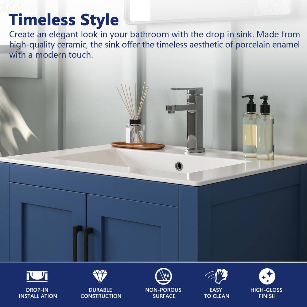 24" White Ceramic Rectangular Single Bathroom Vanity Top with Sink