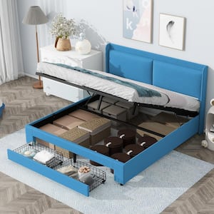 Blue Metal Frame Queen Size Linen Upholstered Platform Bed with Hydraulic Storage System and 2-Drawer