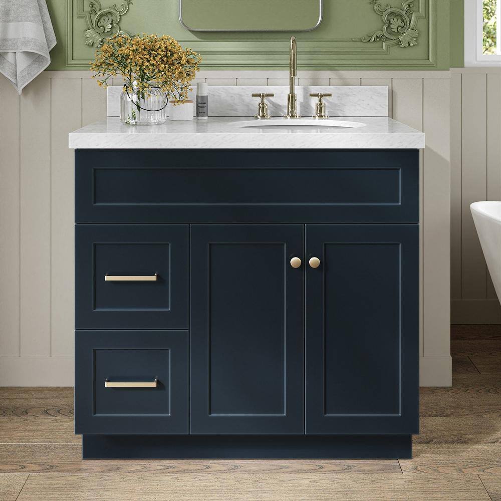 Hamlet 36 in. Single Sink Freestanding Bathroom Vanity in Midnight Blue with Carrara White Marble Top price history on PriceWatchPro