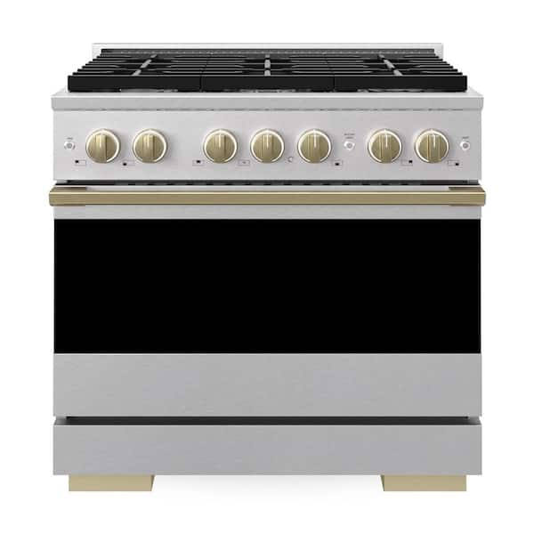 Autograph 36 in. 5.2 cu. ft. Marino Freestanding Gas Range with 6 Burners in Satin Stainless Steel and Bronze Accents