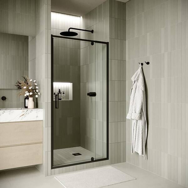 Streamline Carapelle 32 in. W x 72 in. H Pivot Shower Door, CrystalTech Treated 1/4 in. Tempered Clear Glass, Matte Black Hardware