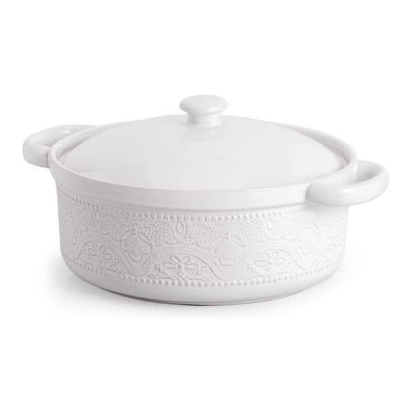 2 qt. Round Ceramic Casserole Dish with Lid Lace Embossed Oven Safe Even Heat Transfer for Baking Serving