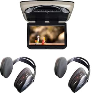 10.1 in. Hi-Res DVD LED Back-lit Overhead Monitor with 2 Pair of Wireless Headphones Fold-Flat Headphone in Clamshell