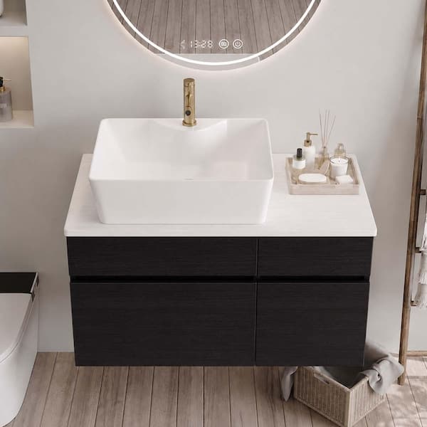 31.5 in. Single Sink Wall Mounted Black Bath Vanity with White Wood Top and Ceramic Vessel Sink (Self Assembly Needed)