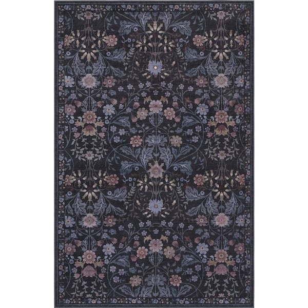 Primrose Art Nouveau Floral Border Machine-Washable Dark Gray/Multi 4 ft. x 6 ft. Area Rug