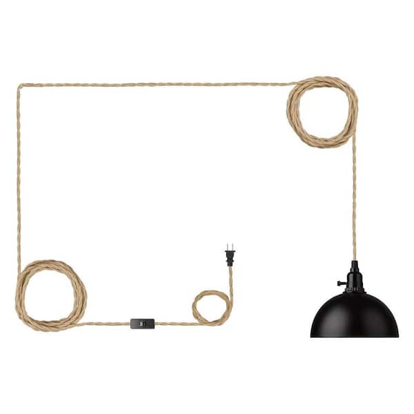 JAZAVA 60-Watt 1-Light Bowl Plug-in Pendant Light with Cord Twisted Hemp Rope and Black Metal Shape, No Bulbs Included