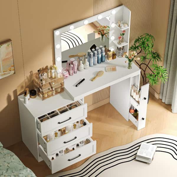 Harper & Bright Designs White Makeup Vanity Desk with Hollywood Lights, Freely Adjustable Side Cabinet, 3-Storage Drawers, 2-Shelves