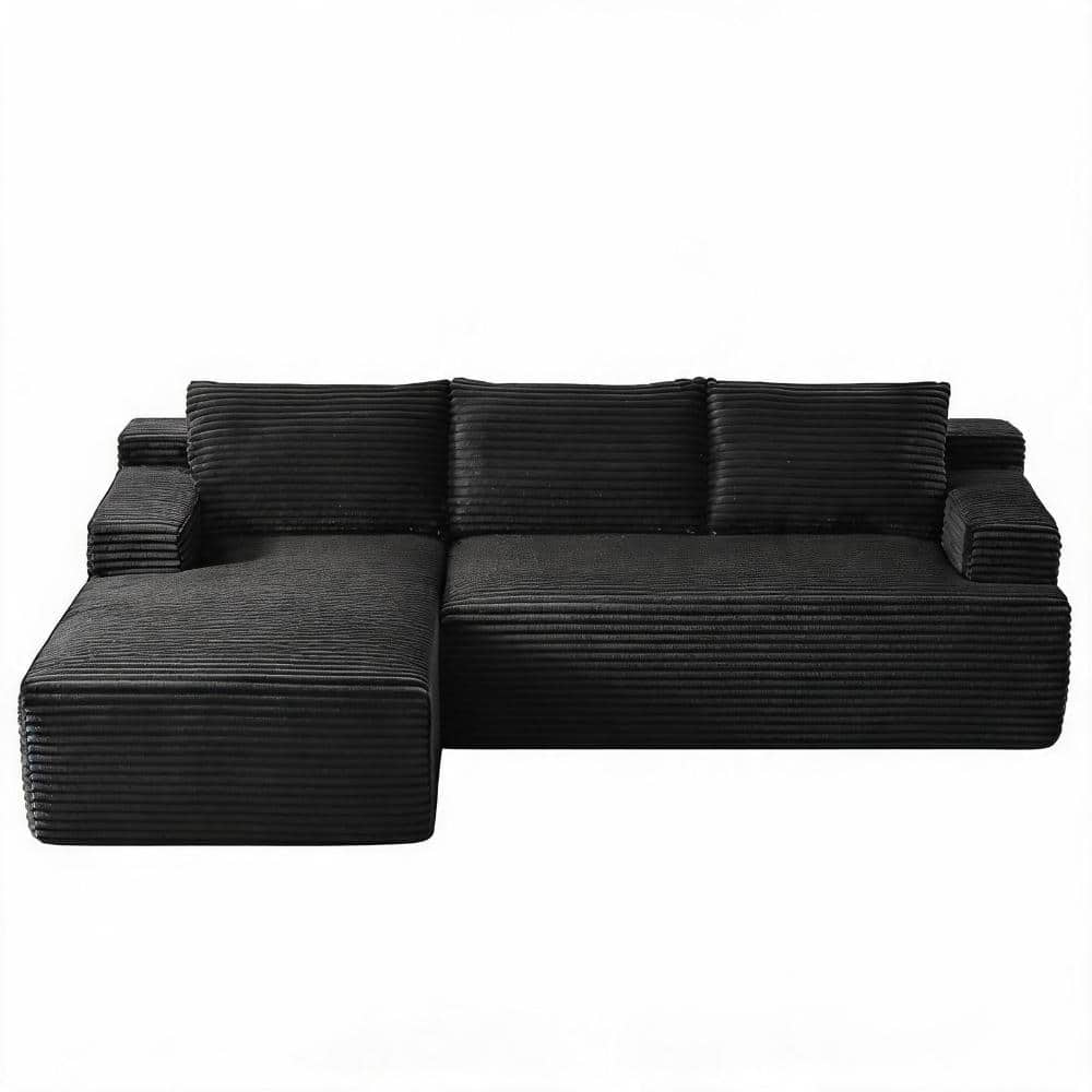 L-Shaped Cloud Sectional Sofa 4 Seat Black Corduroy Modular Sleeper No Assembly Required durable construction