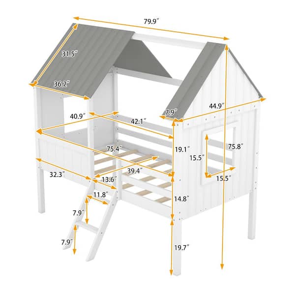URTR Twin Size Low Loft Bed with Two Side Windows, Wood House Bed