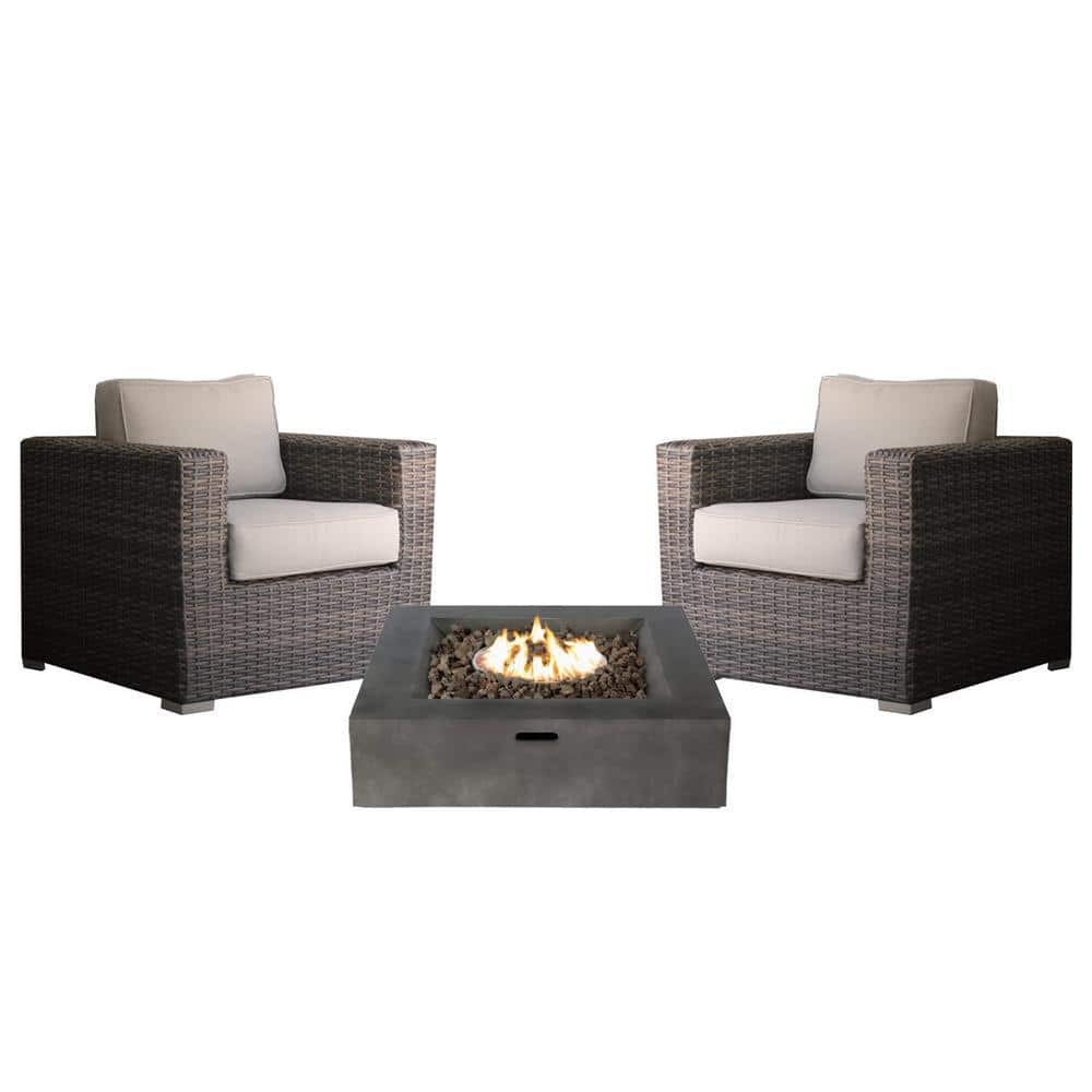 3 Piece Seating Group With Olefin Grey Cushions and Firepit
