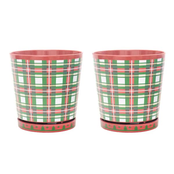 MPG 8.75 in. Dia Red and Green Tartan Pattern Melamine Pot with In-Line Saucer (2-Pack)