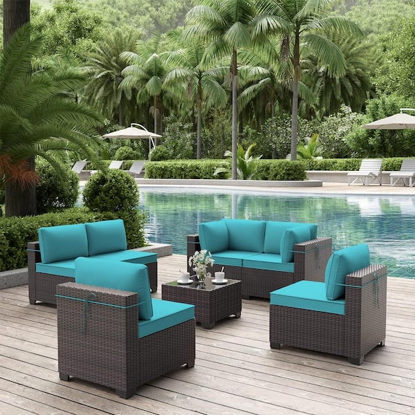 Halmuz 7-Piece Wicker Outdoor Patio Furniture Sectional Set with Blue Cushions and Coffee Table
