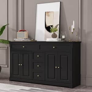 59.1 in. W 5-Drawers Black Wood Dresser Chest of Drawer With 4-Doors and Adjustable Shelves, 33.5 in. H x 15.7 in. D