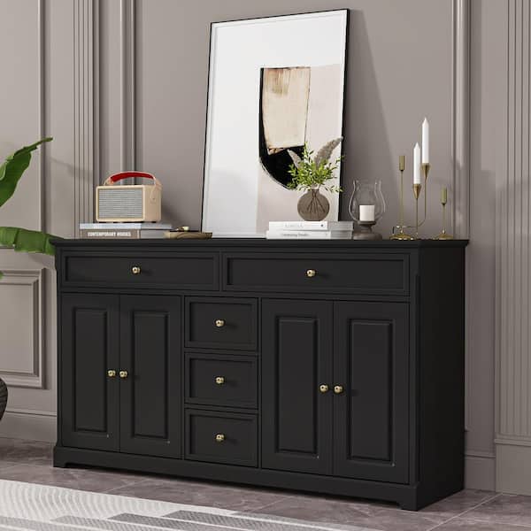 FUFU&GAGA Black 5-Drawers 59.1 in. W x 33.5 in. H x 15.7 in. D Wood Dresser Chest of Drawer With 4-Doors and Adjustable Shelves